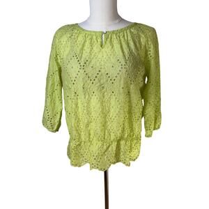 Chico’s Size 2 Citron Lime Cotton Eyelet Peasant Blouse 3/4 Sleeve Scalloped